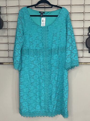 Women’s Alfani Teal Oasis Lace Shift Dress Size 1X Lined 3/4 Sleeves