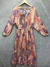 H&M Cottage Core Dress Size 8 Paisley Front Kick Split Long Sleeve Tassel Tie