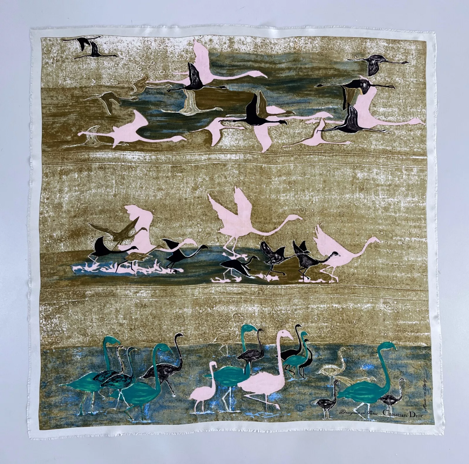 Superbe écharpe en soie vintage rare CHRISTIAN DIOR Paris canards et nature dessin