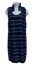 BANANA REPUBLIC Blue + Black Striped Ruffle Neck Mini-Length Shift Dress NWT 8P