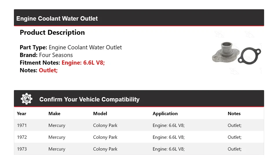 Для 1971-1973 Mercury Colony Park 6,6 л V8 двигатель охлаждающая жидкость выход воды 4 сезона - Изображение 2 из 4