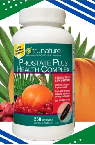 Clear plastic bottle of Trunature Prostate Plus Health Complex with green lid, showing supplement label and ingredients.
