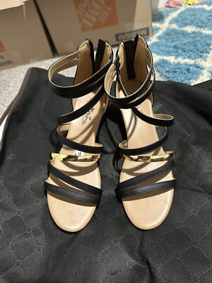 Self Esteem  Black And Gold Strappy Heels 9.5