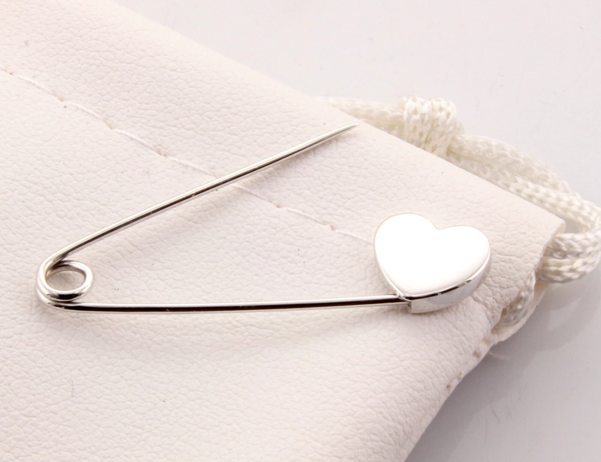 14k White Gold Safety Pin Brooch Heart Shape