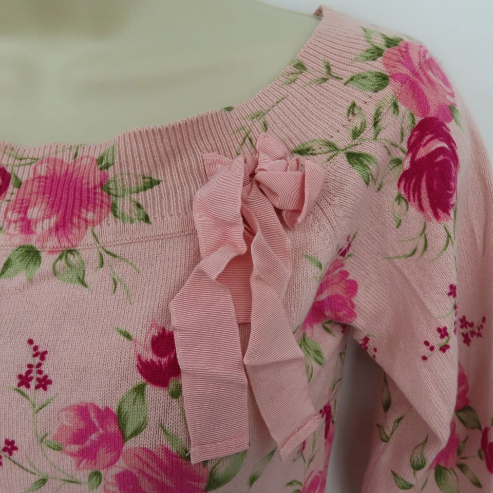 Arden B Women Medium Silk Cashmere Pink Rose Flower Floral Boat Neck Sweater Bow - Image 3 of 4