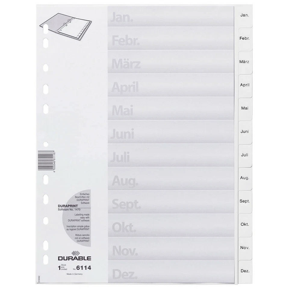 Trennregister Monats-Register Jan-Dez mit Deckblatt A4 weiß PP 12-teilig DURABLE