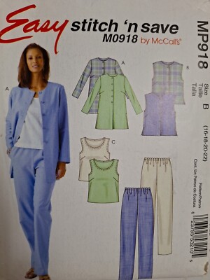 Jacket Vest Tank Pants 16 - 22 McCalls M0918 Stitch N Save Sewing Pattern 918 UC