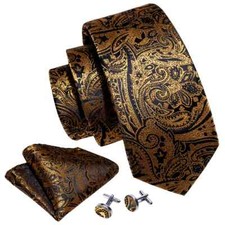 Gold Black Paisley 100 Silk Neck Tie, Pocket Square, Cufflinks Set 1