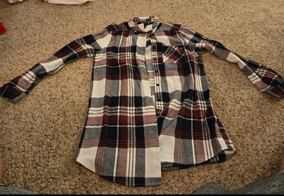 TIMING Womens Medium Tops Button Up Red Blue Plaid Roll Tab Sleeve Shirts Rayon