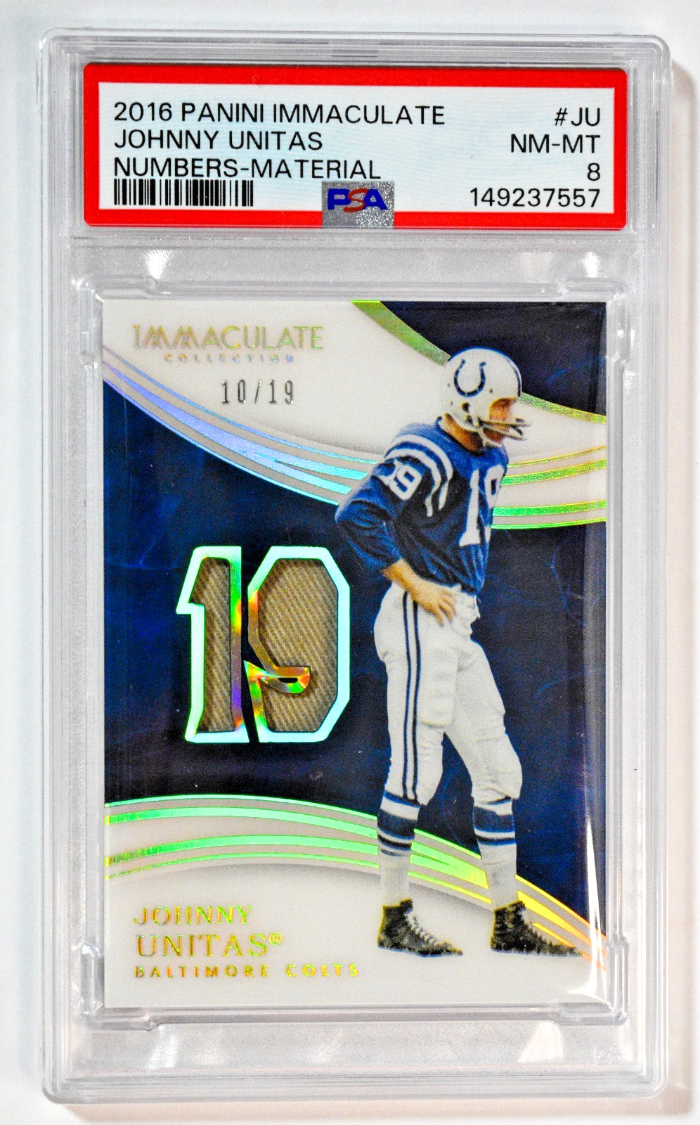 2016 Immaculate #JU Johnny Unitas Numbers Material /19 Game-Used PSA 8 Colts