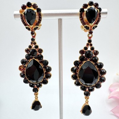 Barrera Black Jet and Burgundy Teardrop Linear Clip On Earrings Missing Crystals