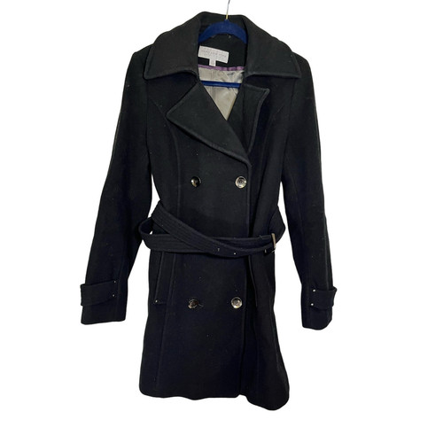 Women’s Wool Belted Pea Coat- Black Jacket, Double Breasted Buttons, Tie Waist
