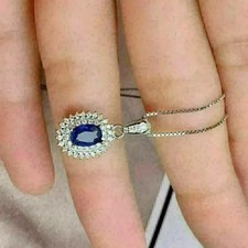 3CT Oval-Cut Blue Sapphire & Diamond Pendant Necklace 14K White Gold