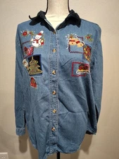 VTG Bobbie Brooks Embroidered Christmas Shirt Women's Large Blue Denim Chambray