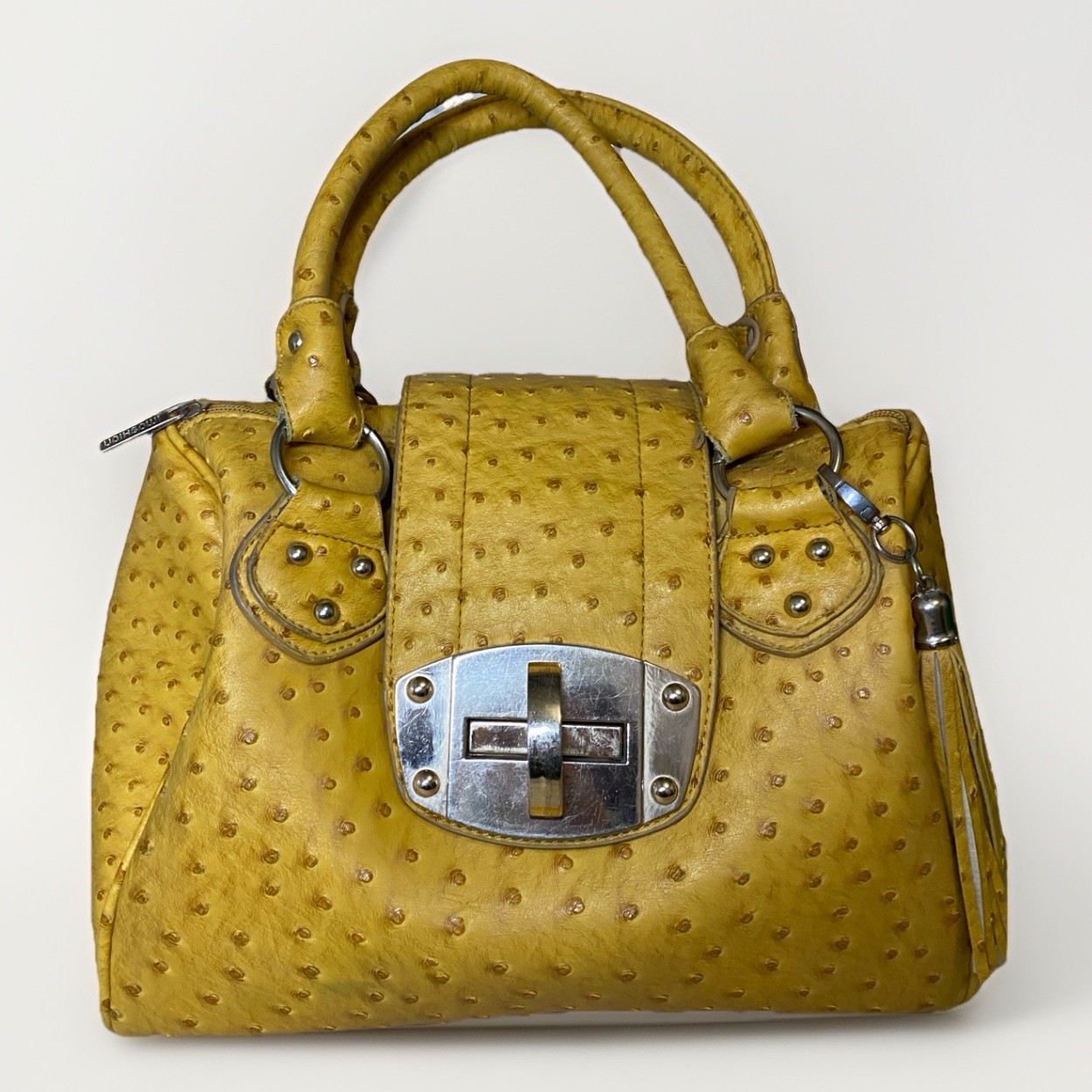 Imoshion Yellow Faux Ostrich Leather Satchel Handbag Purse Big & Stylish Tassel