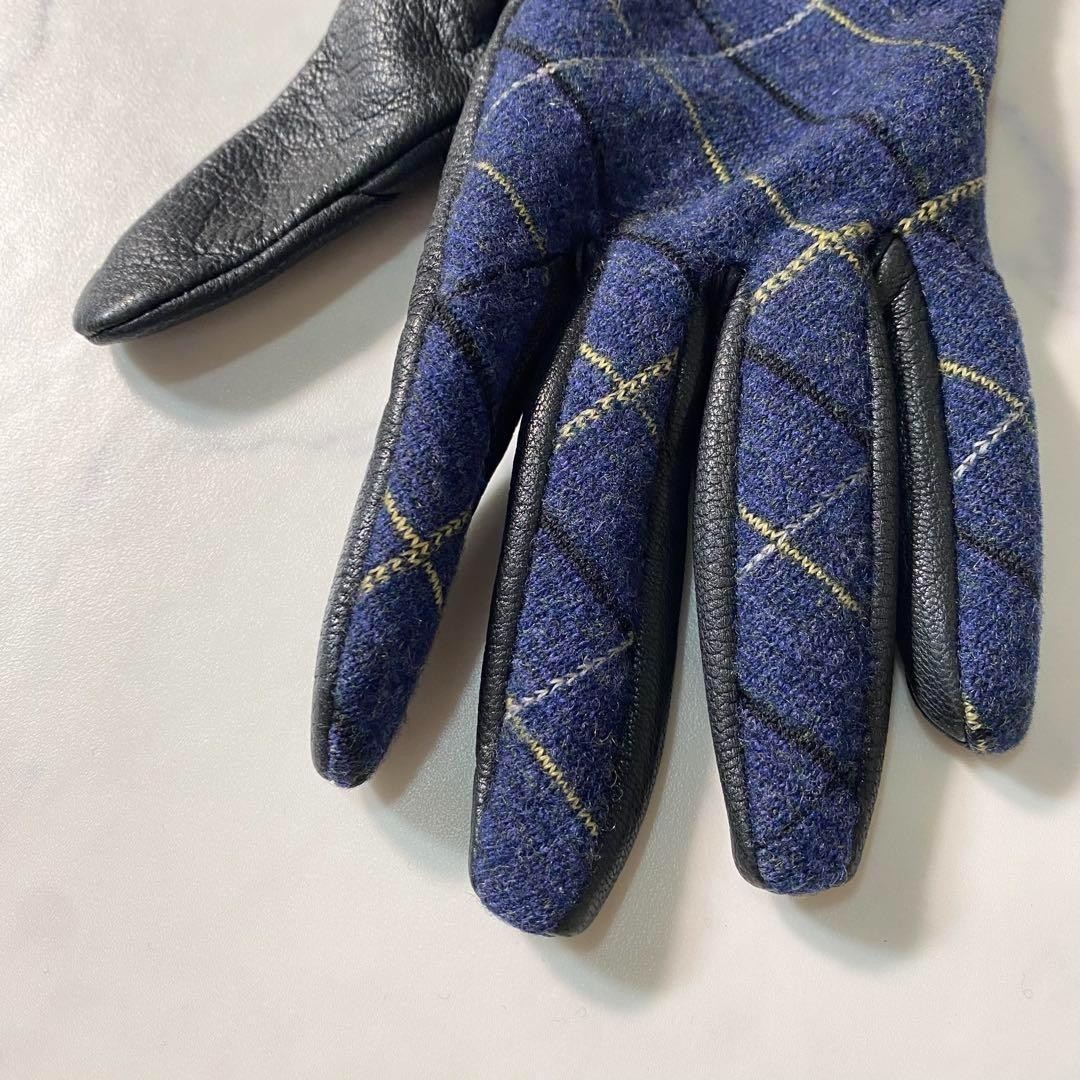 Vivienne Westwood Orb Check Gloves In Leather & Wool Blue In