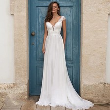 Boho Chiffon Wedding Dresses Lace Appliques Court Train A Line Bridal Gowns