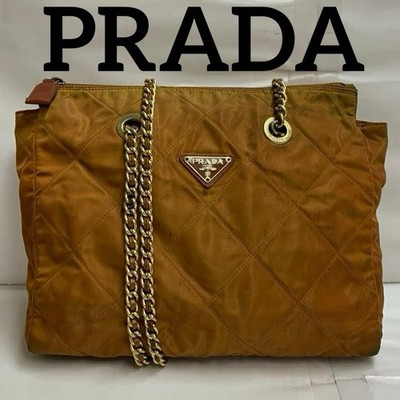 Prada Triangle Logo Plate Double Chain Shoulder Bag Orange Nylon Auth