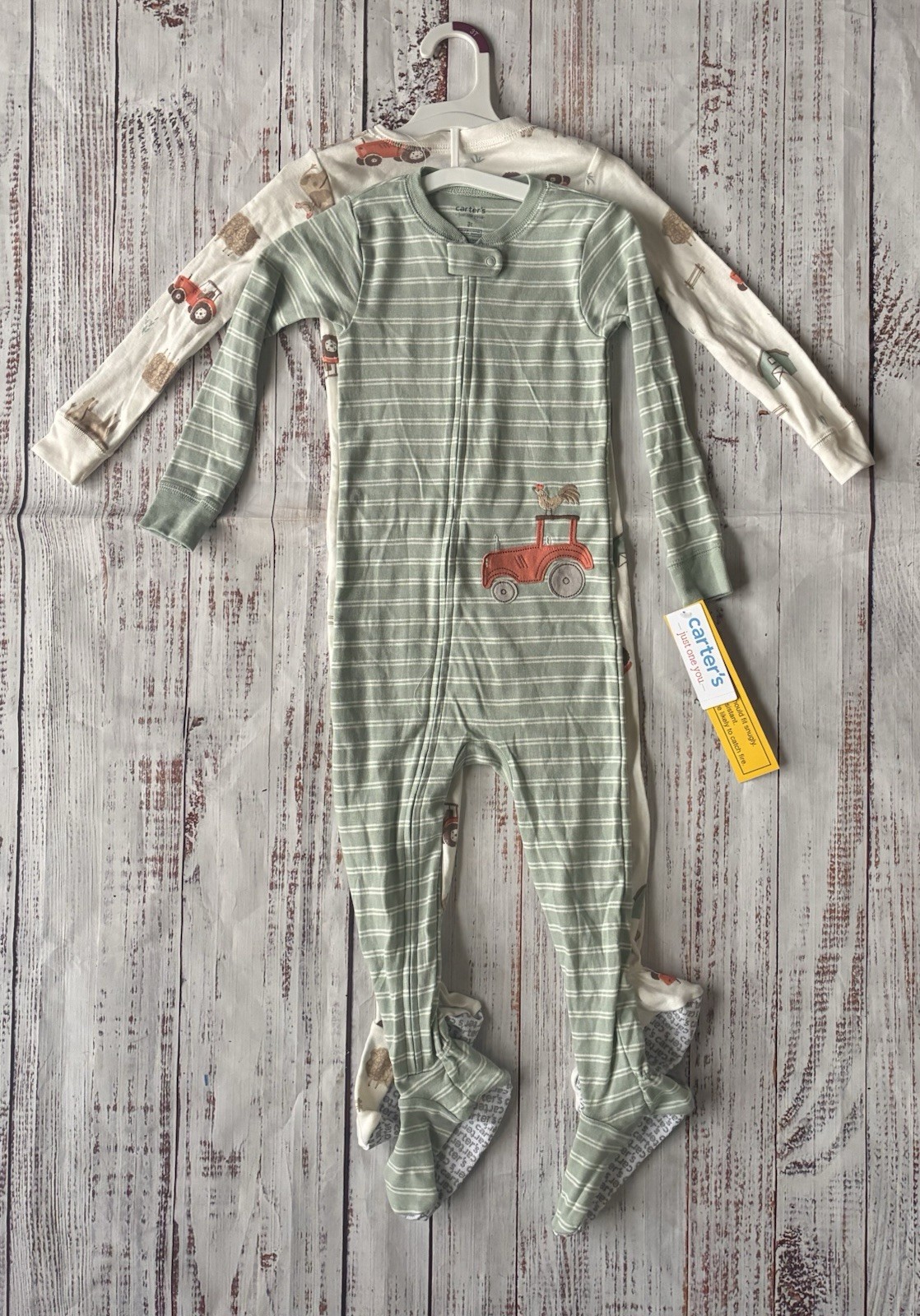 Carter's 3T Footed Zip One-Piece Coverall, Green/White Striped Farm Tractor
