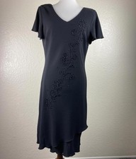 SL Fashions Black Beaded Floral Dress Women Size 6 Approx Asymmetrical Hem