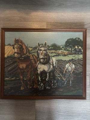 Vintage großer Gobelin mit Nadelspitze Pferde pflügen - Landhaus Reiter