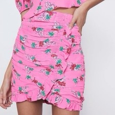 ZARA Pink Floral Ruched Asymmetric Ruffle Mini Skirt - Size XS
