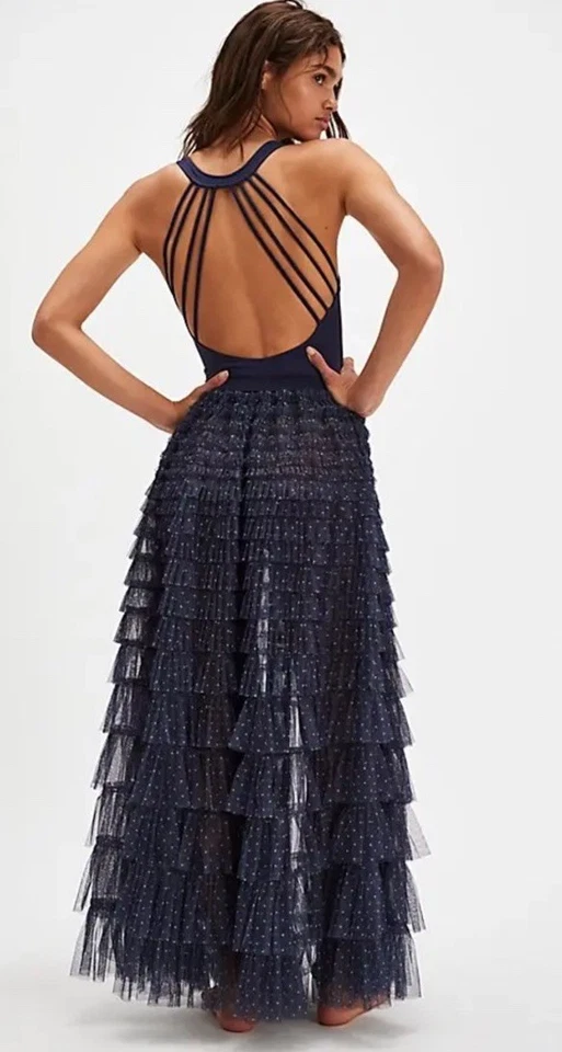 Free People возвращение оборки макси скольжения юбка заколка Dot темно-синий комбо XS новый с Ярлыками - Изображение 2 из 4