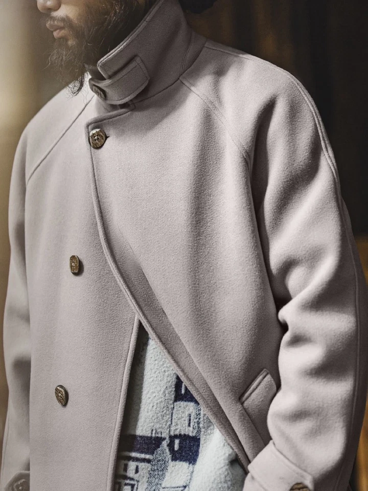 Retro Gray Trench Coat men's Cashmere Warm Long with Belted Busienss Overcoat - Image 4 of 4