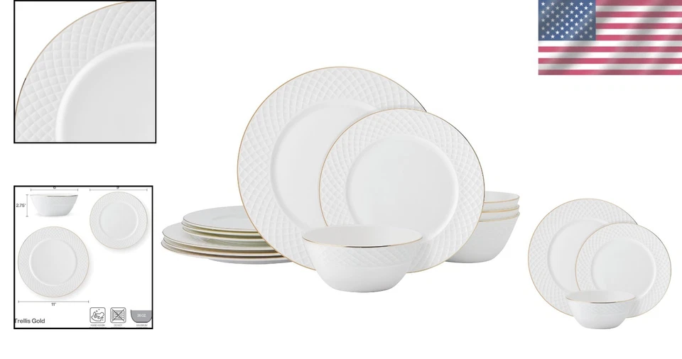 12-Piece Trellis Gold Rimmed Bone China Set - Service for 4, Chip Resistant - Image 2 of 4