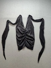 Moda International Women Top L Black Satin Halter Neck Asymmetrical Hem Pullover