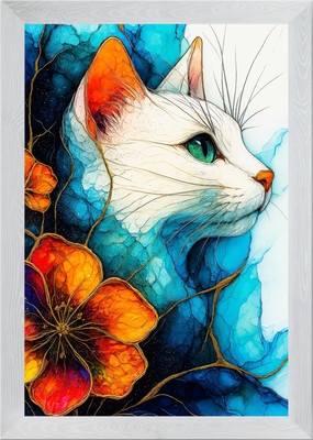 Elegantes Katzenportrait mit Blumen AC gerahmtes Wandbild Poster Leinwanddruck Bild