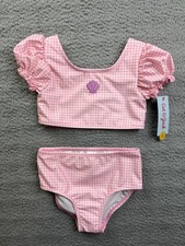 Cat  Jack Swim Set Girls 4T Pink Gingham Puff Sleeve High Waist Bikini UPF 50 