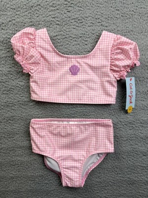 Cat & Jack Swim Set Girls 4T Pink Gingham Puff Sleeve High Waist Bikini UPF 50+