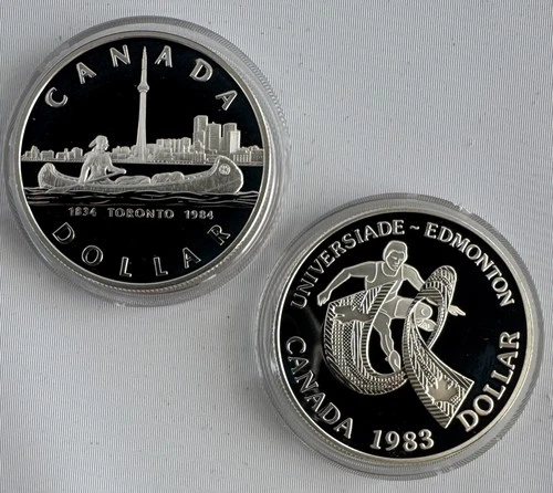1983 + 1984 Canada Silver Dollar Proof 2-Coin Lot Capsules RCM Edmonton Toronto