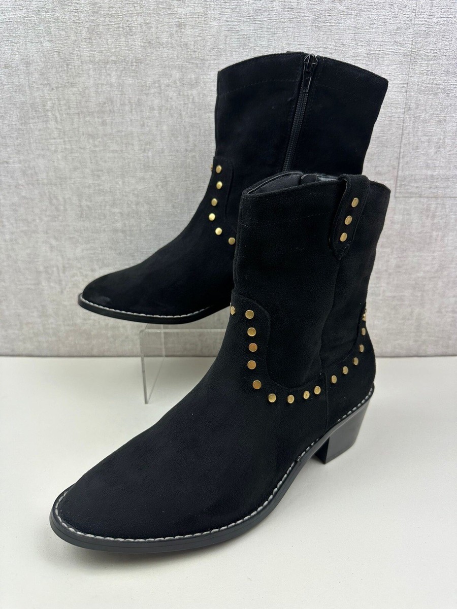River Island RI Black Studded Western Ankle Boots Black UK EUR 40 Faux  Suede
