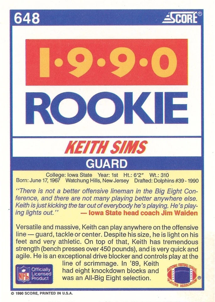 NFL SCORE 1990 ROOKIE CARD IOWA STATE KEITH SIMS Near Mint - Image 2 of 2