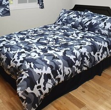 CAMO BLACK BEDDING CURTAINS FITTED SHEET ARMY CAMOUFLAGE GREY SLATE CHARCOAL