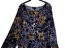 I.N. Studio Fun Artsy Animal Stretch Knit Twist Hem Top Plus 3X Black Purple