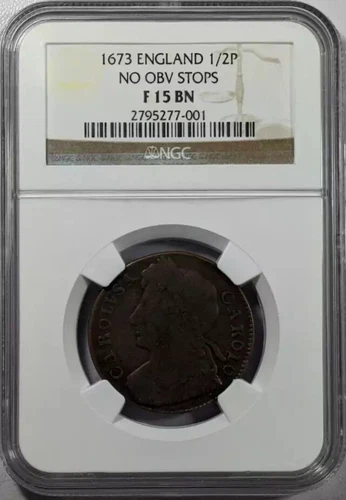 1673 GREAT BRITAIN Copper 1/2 PENNY NGC F-15 BN NO OBV STOPS