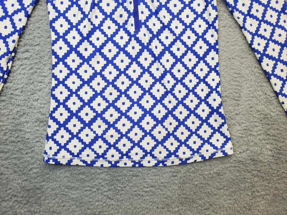 Camisa J.CREW Activewear Mujer Grande Blanca Azul Geo Estampado Manga Larga 1/2 Cremallera Foto 4 de 4
