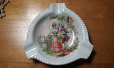 Vintage Triangle Ashtray Germany Hand Painted Lady and Gentleman in the Garden