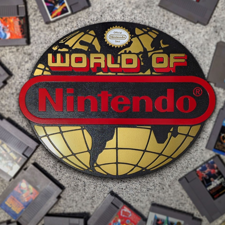 Large handcrafted engraved wood sign channeling the golden era of Nintendo retail — a genuine statement piece, not a sticker slapped on plywood.
