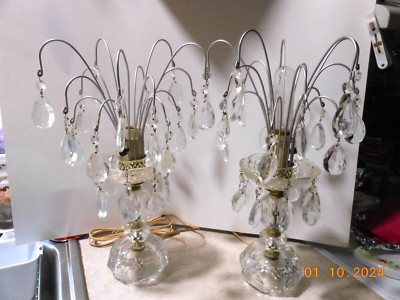 ANTIQUE Hand Cut CRYSTAL ''Waterfall'' Prism-Boe bash Lamps- Pair BEAUTIFUL L@@K