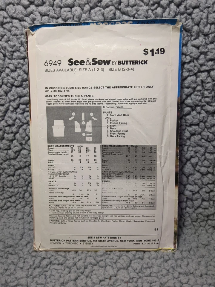 See & Sew Butterick 6949 TODDLER GIRL'S SIZES 1-2-3 TUNIC & PANTS PATTERN UNCUT - Image 2 of 4