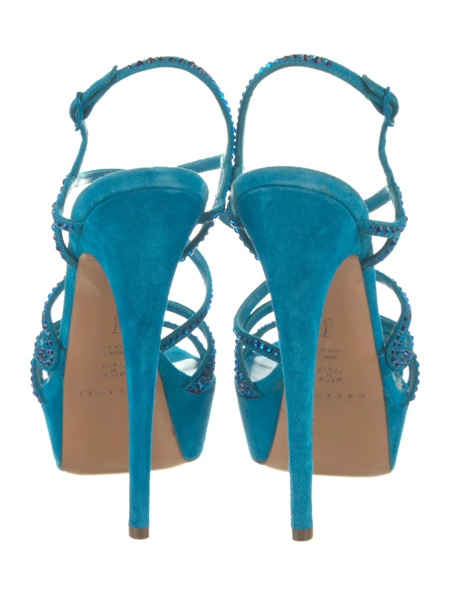 CASADEI Blue Suede Crystal Embellishments T-Strap Pumps SZ 7  display picture 1