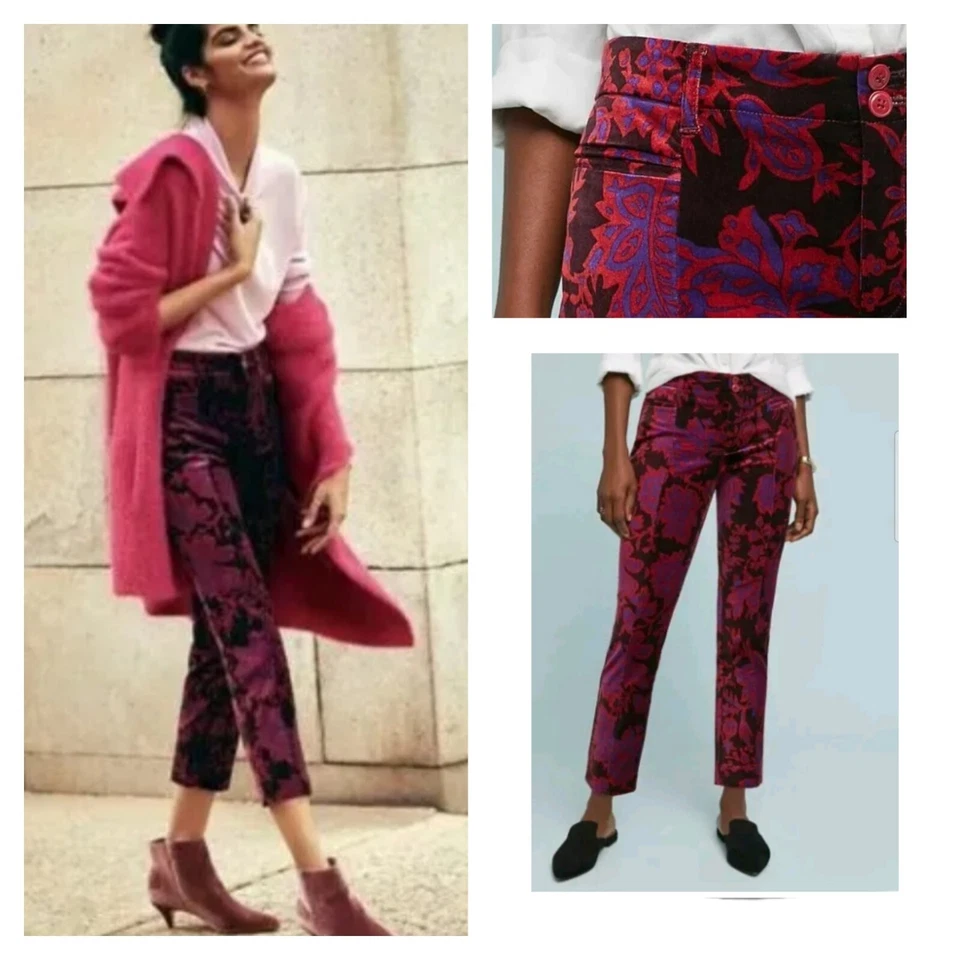 Pantalón al Tobillo Anthropologie The Essential Ajustado Estampado Terciopelo Talla 4 Rosa Marrón