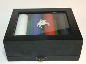 Clay Poker Chip Set Sicura Designed In Milan in Wooden Box w/Card Deck Drawer