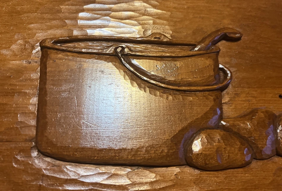 Hand Carved Wooden Plaque “Making a Meal” Beautiful Wood 19.5”x10.5”x14” Rare! - Image 2 of 4