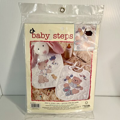 Leisure Arts Baby Steps Bear & Bunny 2 BABY BIBS Cross Stitch Kit New #113612
