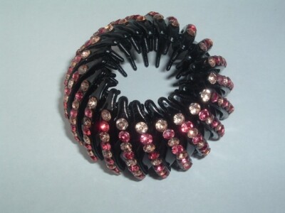 PINK & CHAMPAGNE RHINESTONE PLASTIC EXPANDABLE BUN WRAP UP DO HAIR ACCESSORY